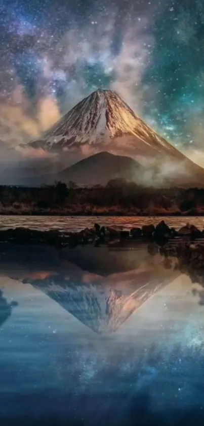 Mountain and galaxy reflected in tranquil water at night.