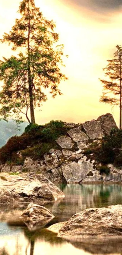 Serene landscape with trees and lake reflection at sunset.