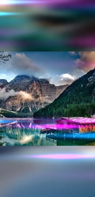 Serene mountain landscape with vibrant colors and reflections.