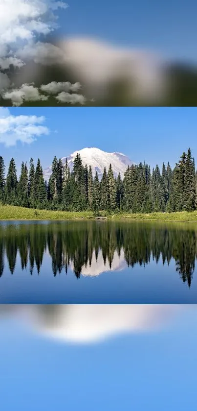 Mountain lake reflection with a clear sky and lush forest landscape.