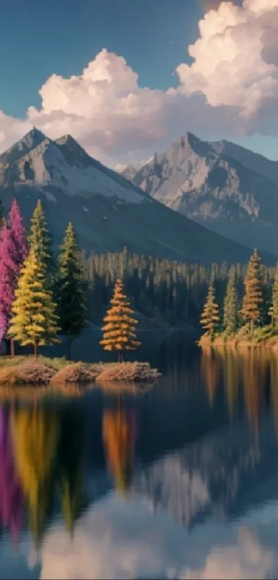 Calm lake reflects mountains and trees under a cloudy sky.