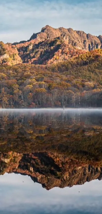 Peaceful mountain reflection with autumn colors.