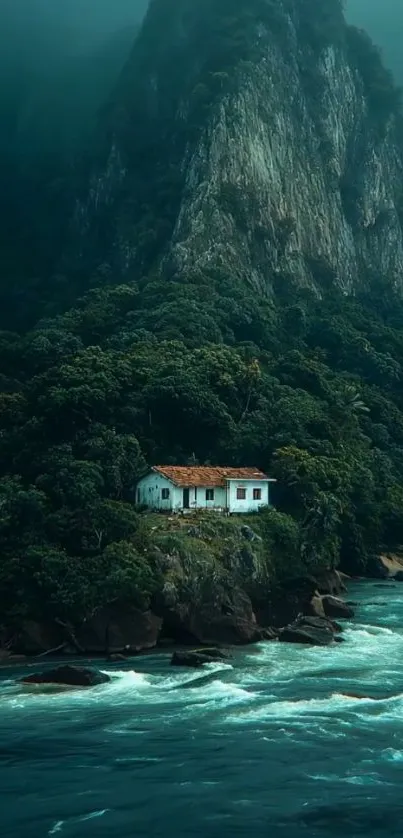 Serene house nestled in lush mountain landscape.