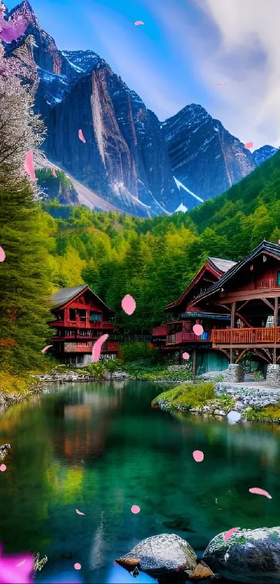 Tranquil mountain scene with cabins by the water.