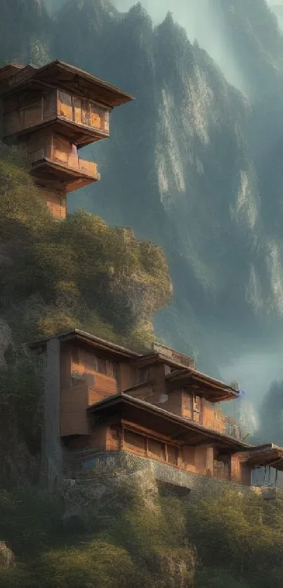 Wooden homes on green cliffs with a misty mountain backdrop.