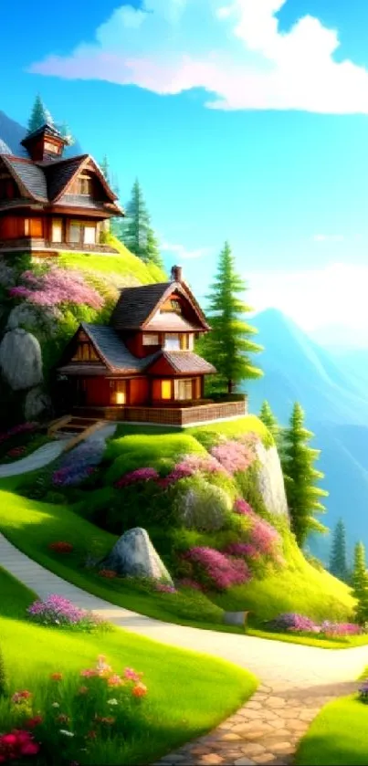 Scenic mountain landscape with cozy cabin house in vibrant green surroundings.