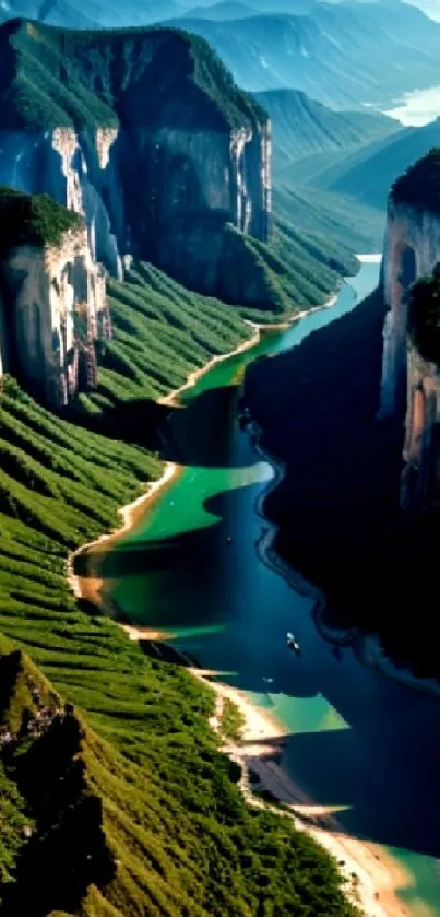 A stunning view of a winding river through green mountains and cliffs.