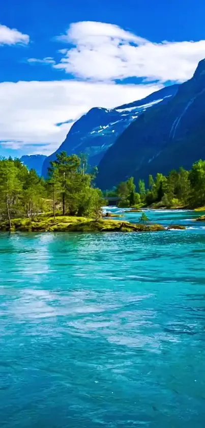 Mountain river landscape with blue waters and green trees.