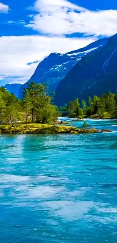 Scenic view of azure river with mountains and green trees under blue sky.