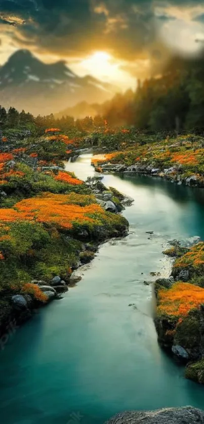 Serene mountain river at sunset with autumn colors.