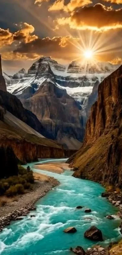 Sunrise over mountain river with scenic view