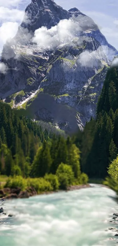 Serene mountain river with forest and cloudy peak in wallpaper.