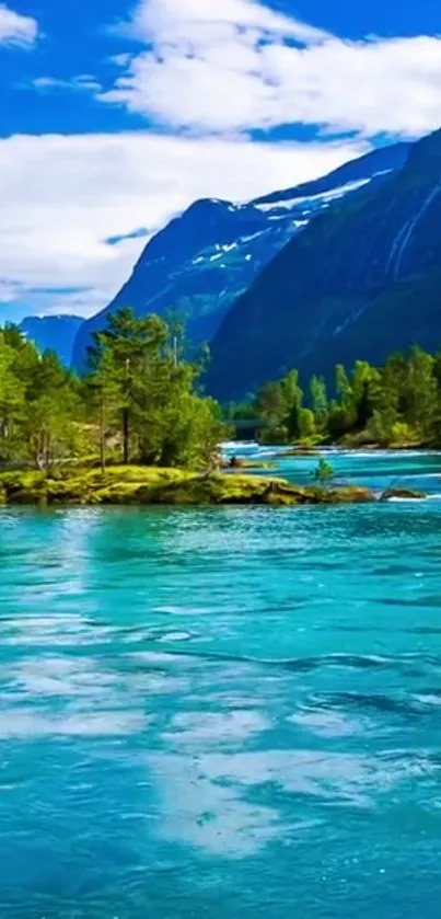 Tranquil mountain river with turquoise waters and lush green forest.