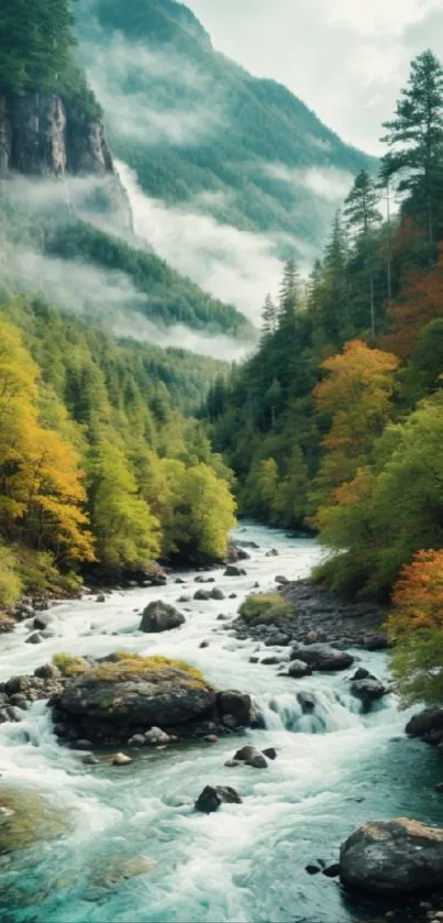 Serene mountain river with lush greenery and autumn foliage.