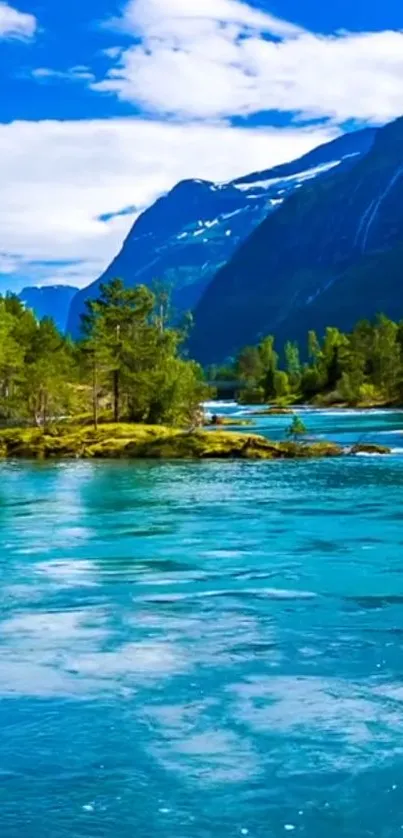 Serene mountain river with blue sky and lush greenery.