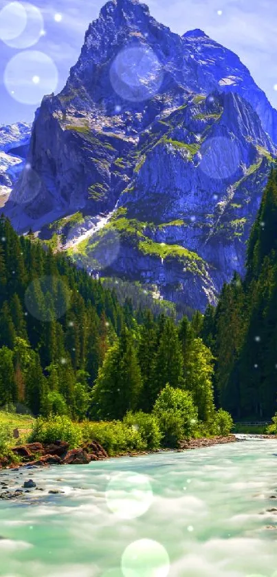 Majestic mountain and river with lush green forests in vibrant landscape.