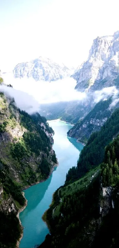 A stunning view of a turquoise river flowing through lush green mountains.