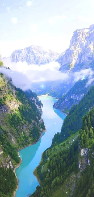 Vibrant turquoise river winding through lush green mountains under a clear sky.