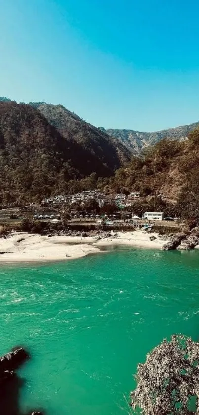 Pristine turquoise river in lush mountain landscape.