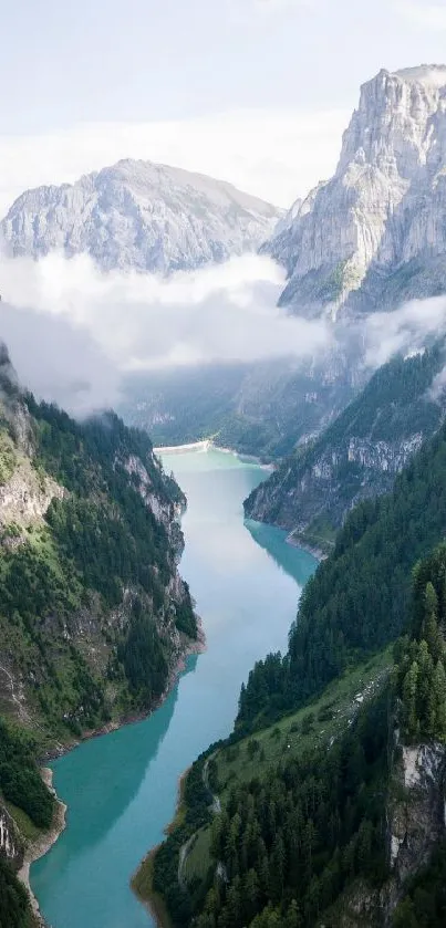 Mountain river with lush green valleys and misty peaks.