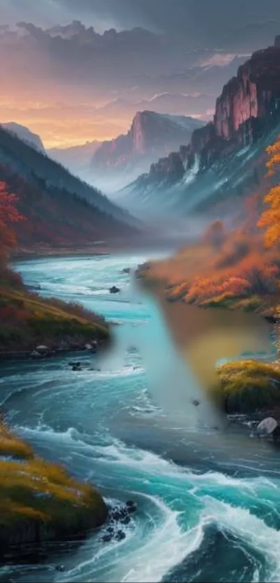 Scenic mountain river with autumn trees and sunset.
