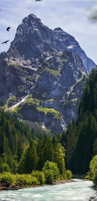 Serene mountain river with tulips and forest.