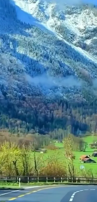 Serene mountain road with snowy peaks and lush greenery.