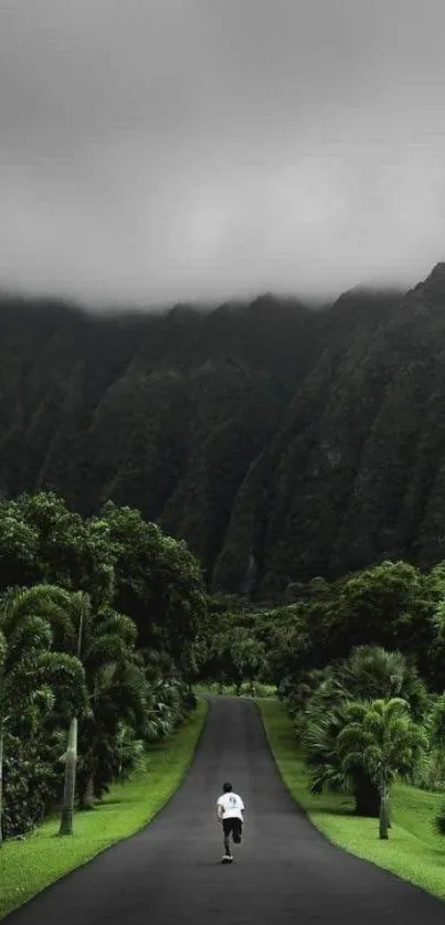 Man running on green road towards foggy mountains.