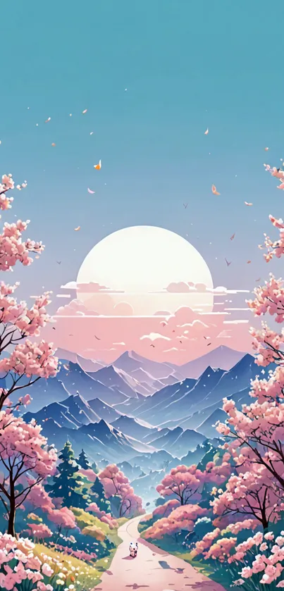 Serene mountain sunrise with cherry blossoms lining a path under a pastel sky.