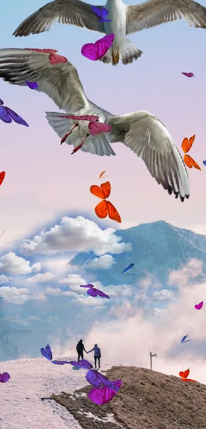 Seagulls soaring over snowy mountains with a pastel sky.