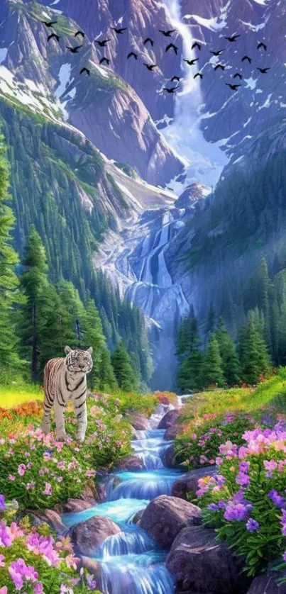 Tiger by mountain stream with flowers and waterfall in background.