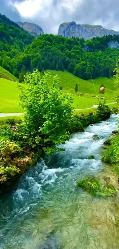 A serene mountain stream with lush green hills.