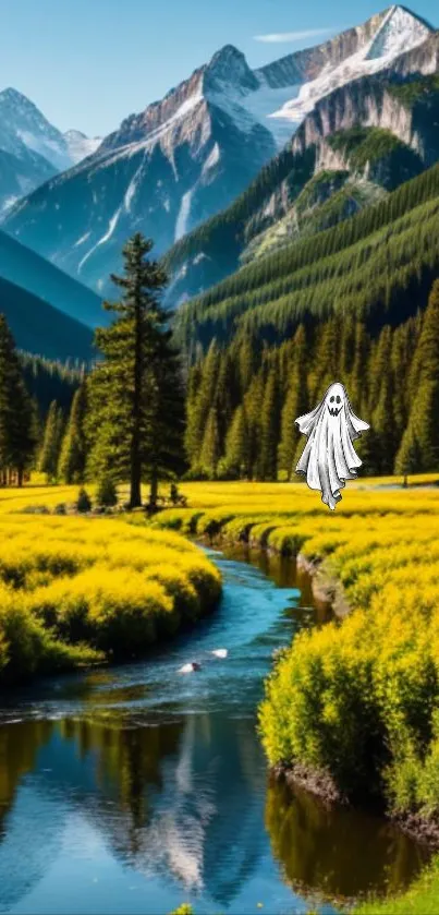 Ghost over a serene mountain stream with lush greenery.