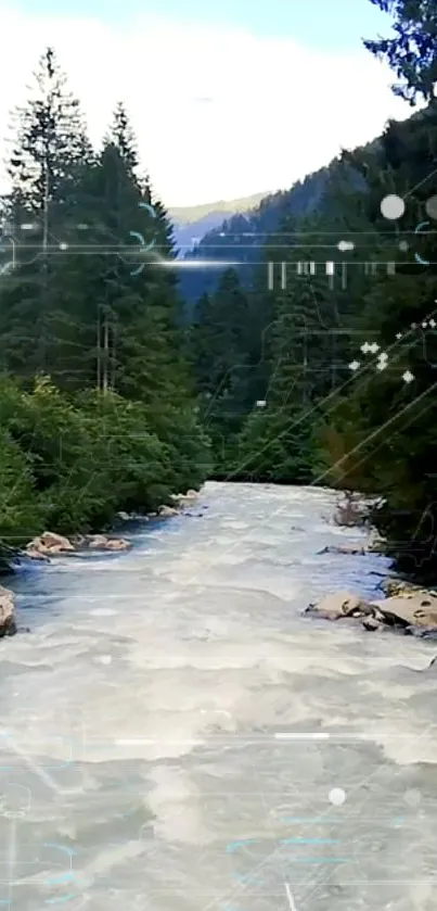 Serene mountain stream with lush forests and digital effects.