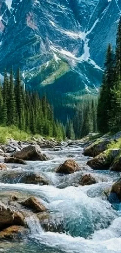 Mountain stream with lush green forest and peaks.