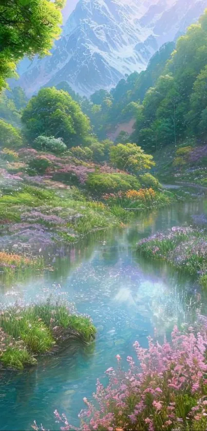 Mountain stream with lush greenery and colorful flowers in serene landscape.