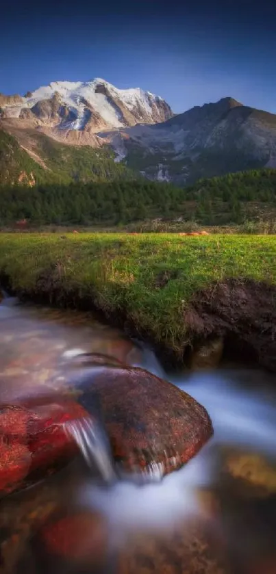 A serene mountain stream with lush greenery and majestic peaks.