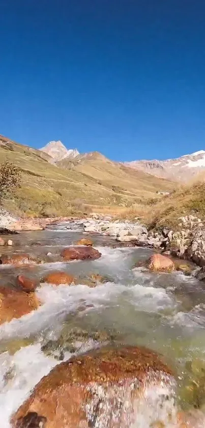 Mountain stream flowing through a serene valley under a clear blue sky.