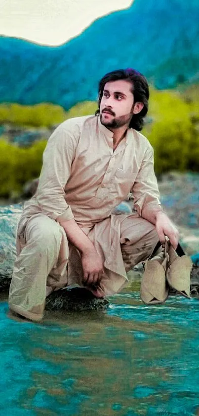 Man kneeling in serene mountain stream, tranquil scene.