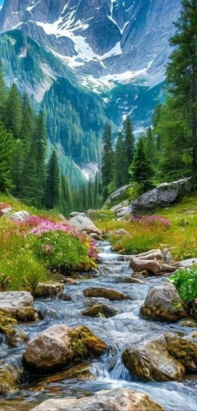 Serene mountain stream with lush greenery and flowers.