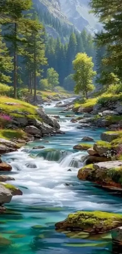 A serene mountain stream flows through a lush green forest.