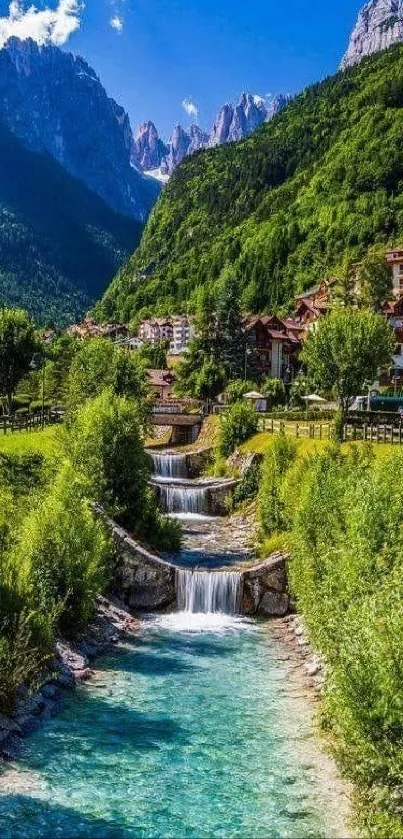 Mountain stream with lush greenery and vibrant landscape.