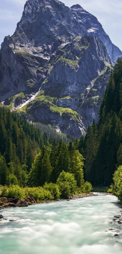Serene mountain stream with lush greenery and towering peaks.