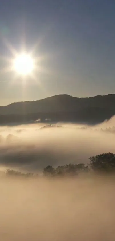 Misty mountain sunrise with sunlight shining over the fog in a calm landscape.