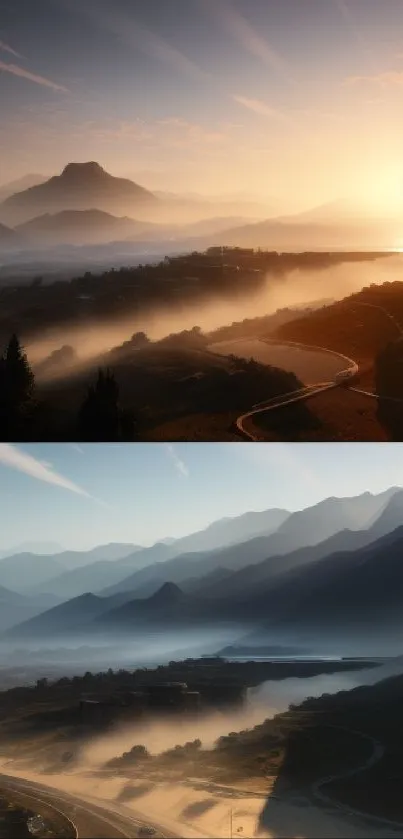 Serene sunrise over misty mountains with winding roads and golden light.