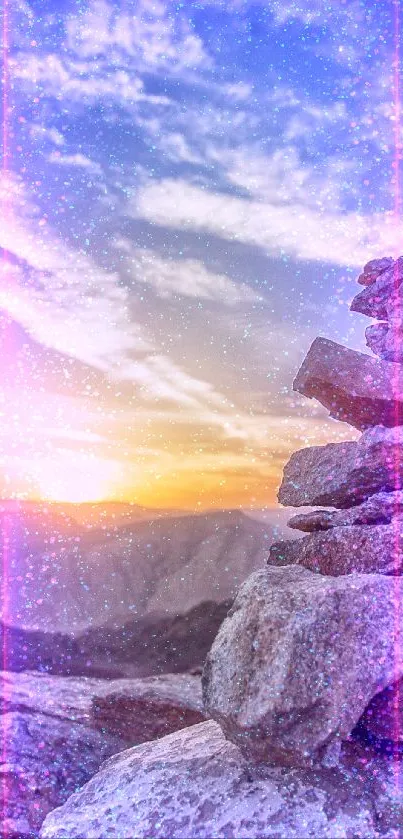 Stacked rocks with a sunrise over a mountain landscape.