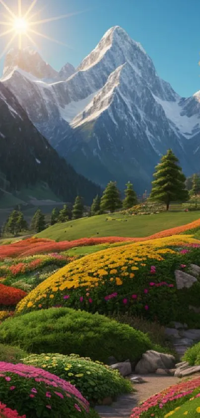 Snow-capped mountains with colorful flowers under sunrise.