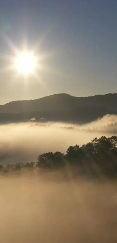 Serene sunrise over misty mountains with sunbeams and a tranquil atmosphere.