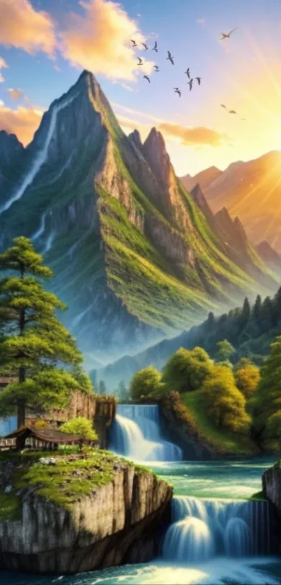 Serene mountain landscape with sunrise and waterfalls.