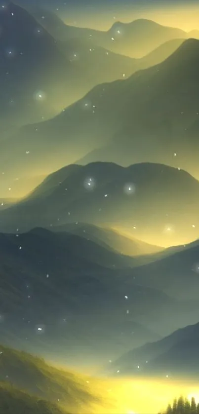 Golden sunrise over misty mountain peaks with serene landscape.